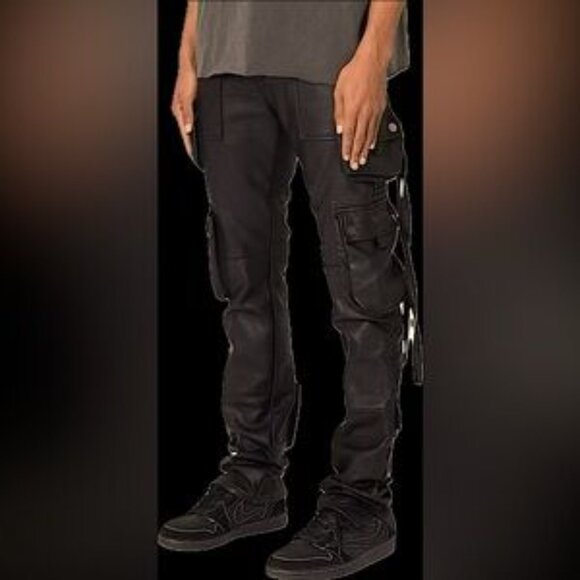 New, unworn men's black vegan leather tactical cargo pants in Amiri style, size - Picture 3 of 13